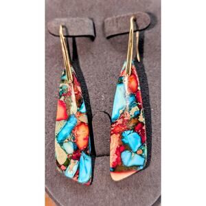 Natural Stone Jasper Drop Gold Tone Earrings